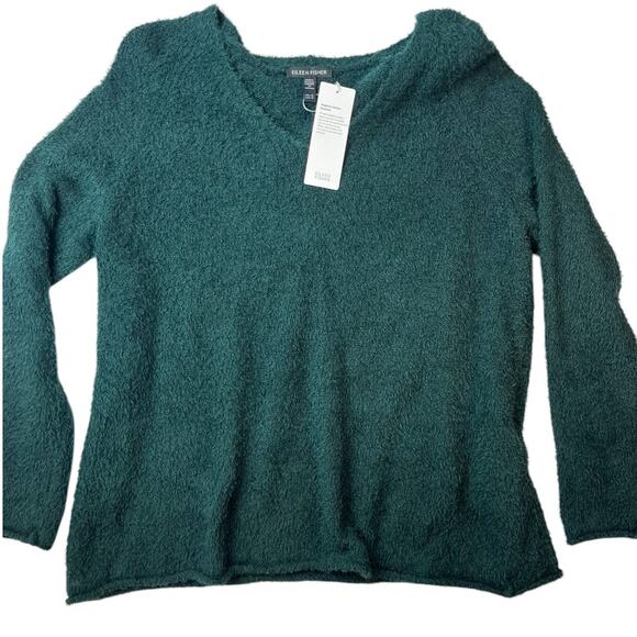 $278 Eileen Fisher Organic Cotton Eyelash V-Neck Sweater | Sz XS, Pine Green NEW - Picture 8 of 10